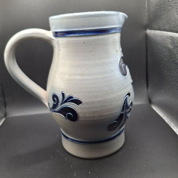 Vintage German Stoneware Pitcher With Blue Floral Motif Signed Paul Schmitter - Picture 4 of 8